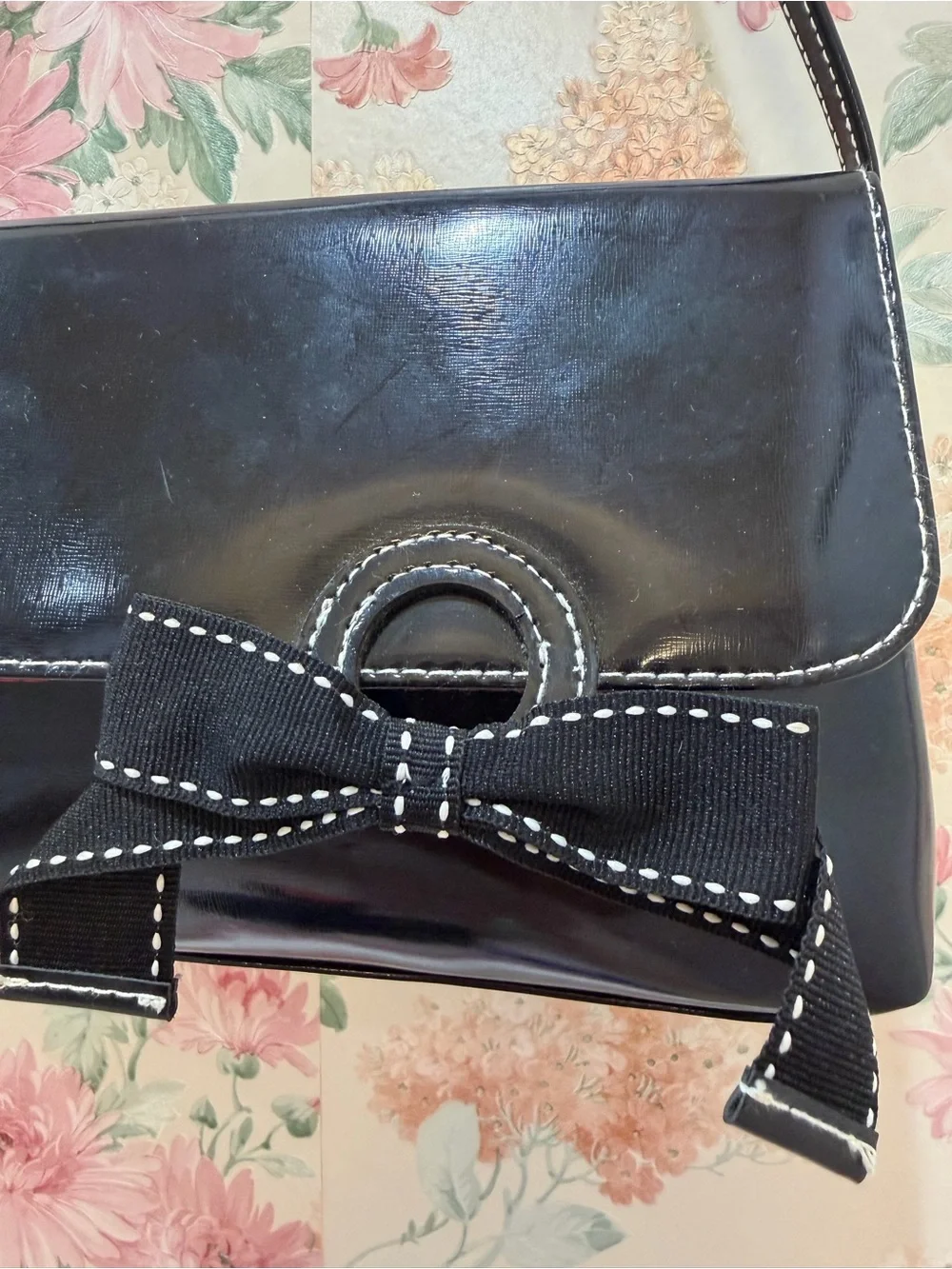 Y2K black Patent Shoulder Bag with Decorative Bow
